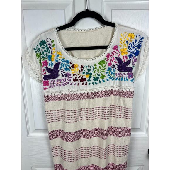 Cream Embroidered Floral Bird Colorful Cotton Boho Festival Dress Small Mexico - Picture 2 of 6